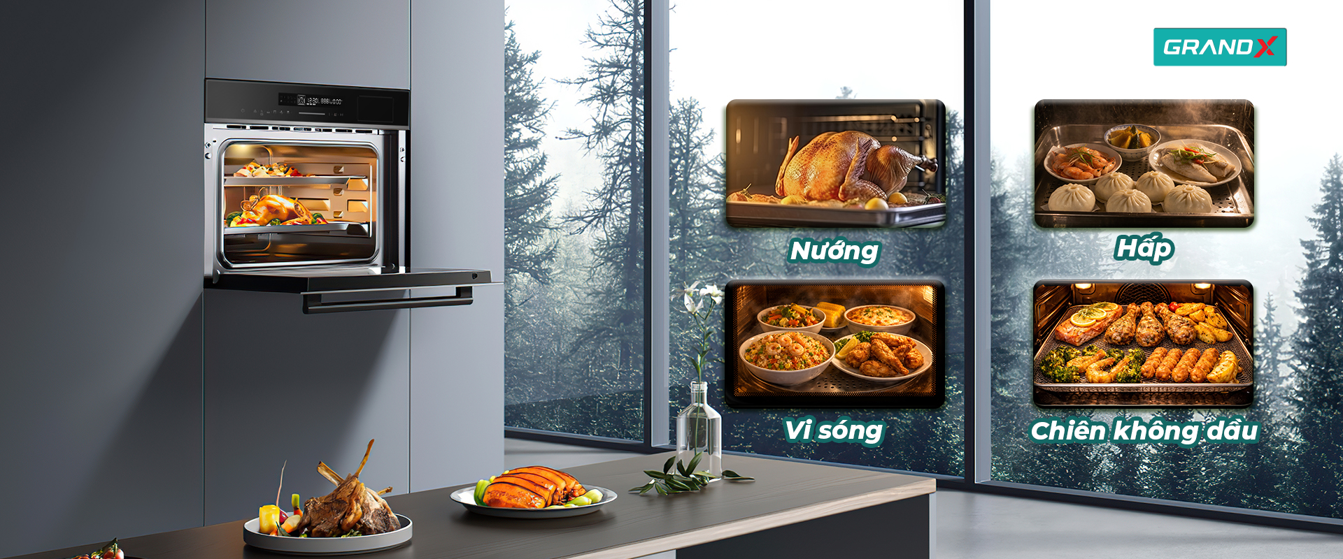 LÒ NƯỚNG ÂM TỦ TÍCH HỢP LÒ HẤP, LÒ VI SÓNG VÀ NỒI CHIÊN KHÔNG DẦU GRANDX GX50MOS7